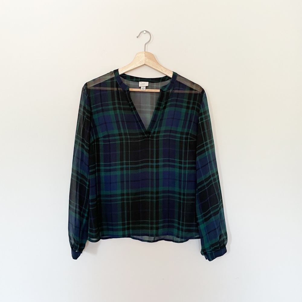 A New Day • Black Watch Plaid V Neck Sheer Blouse